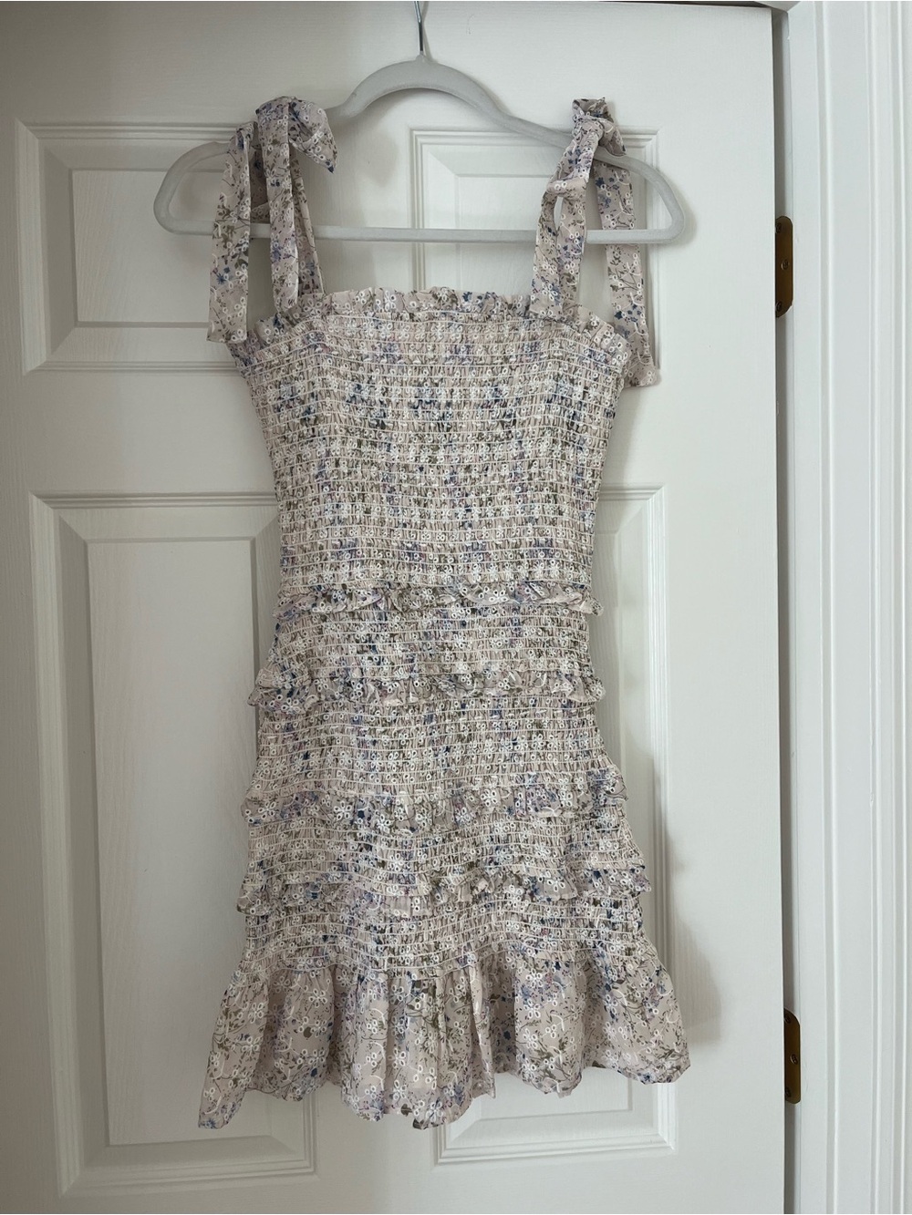Storia Floral Smocked Mini Dress in Cream and Lavender Accents